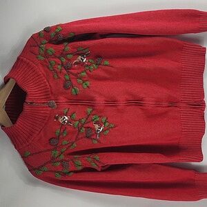 Vintage Bird Sweater Zip Front Size Large Cardigan Style Embroidered